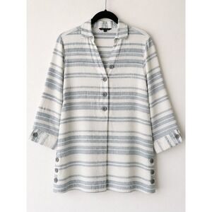John Mark 100% Linen Coastal Lagenlook Tunic Blouse Blue White Stripe 3/4 Sleeve